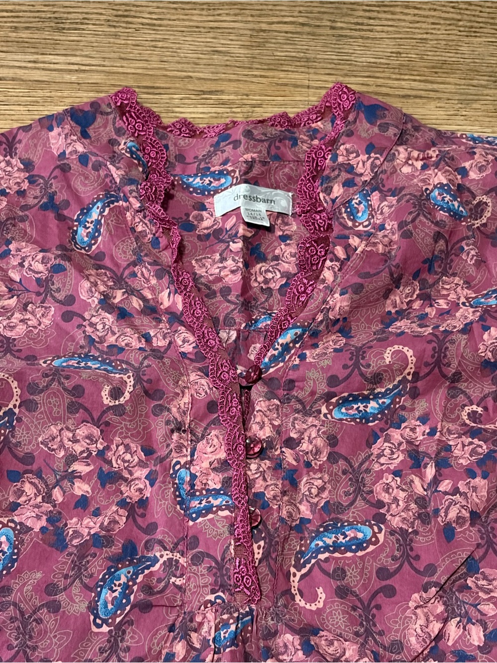 dressbarn Pink Paisley & Floral Lace-Trim Blouse with Blue Accents